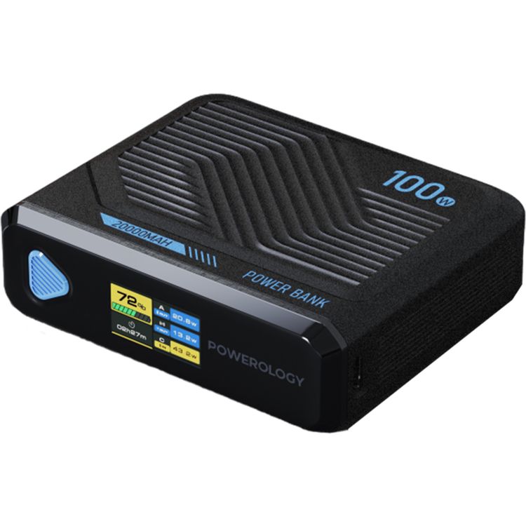 Powerology Ultra Mini 20000mAh Power Bank with Simultaneous Charging, Power Info Display, 100W Power Delivery, 15W Wireless Charging - Black