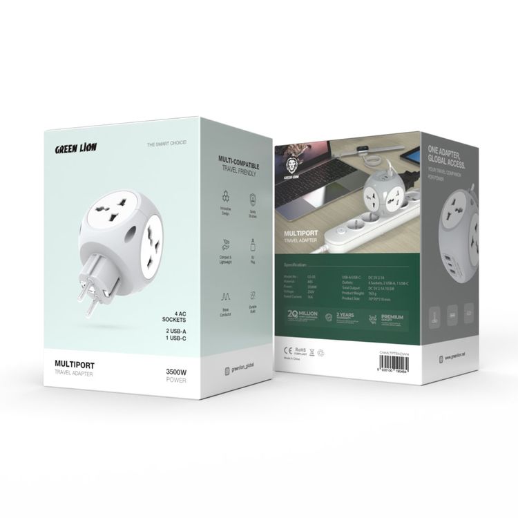 Green Lion Multiport Travel Adapter EU, Compact & Lightweight, 3500 W Power Delivery, Brass Conductor, Innovative Design, Safety Shutters - White