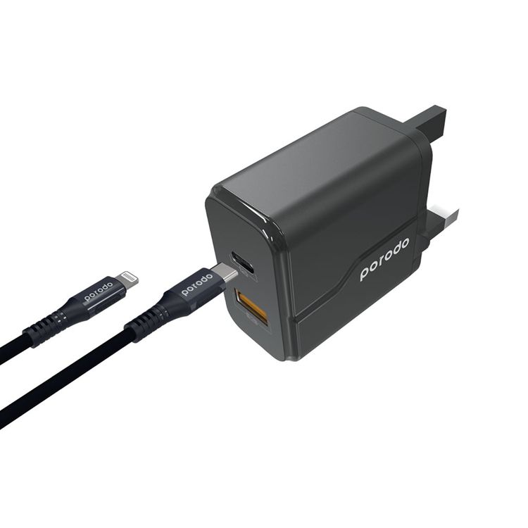 Porodo Dual Port Wall Charger with Type-C to Lightning Cable, 20W Power Delivery, QC 18W, Fire Retardant Material, Overcurrent Protection, UK 3-Pin Plug, Built-in Protective Mechanisms - Black