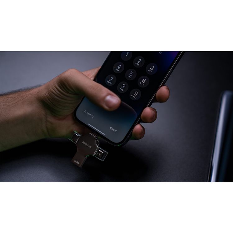 Green Lion 4-in-1 USB Flash Drive 64GB with High Speed Data Transfer, USB-A, USB-C, Micro USB & Lightning Connectors - Silver
