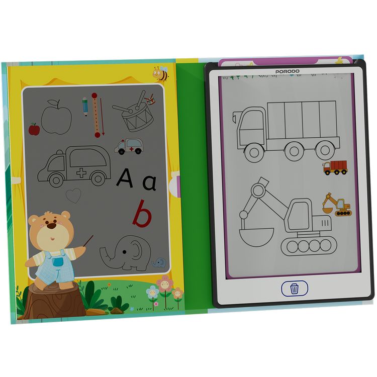 Porodo Kids LCD Writing Tablet with Copy Cards, 8.5" Transparent Screen, Erasing Button, One-Key Screen Lock - Black