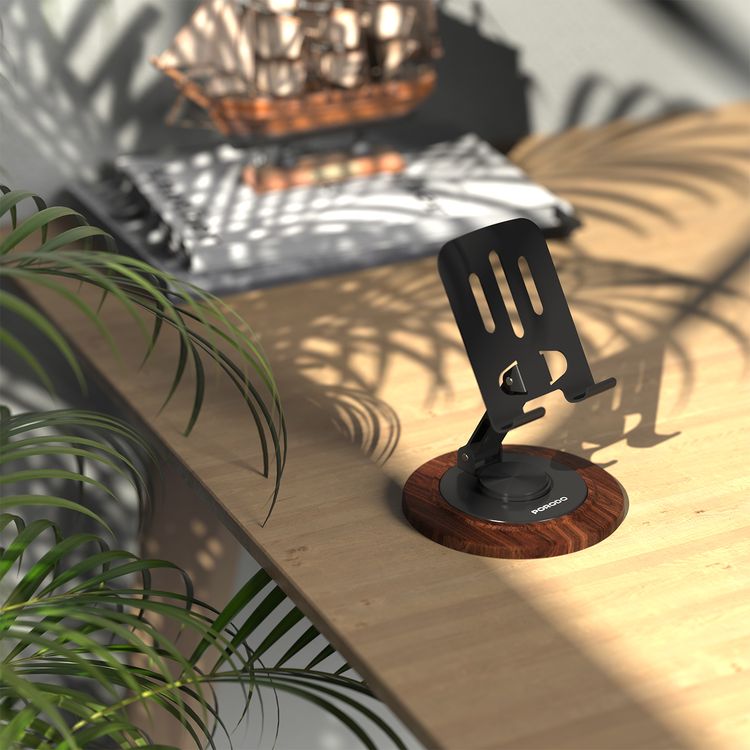 Porodo Blue 360° Rotating Base Desktop Phone Holder with  Foldable Design, Stable and Non-Slip Base, Adjustable Arm, Horizontal and Vertical Viewing, Durable Material, 2kg Load Capacity - Black
