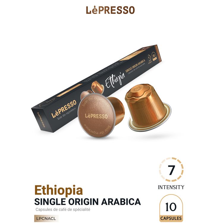 كبسولات LePresso ألومنيوم 100% أرابيكا لماكينات نسبريسو مع شدة قهوة بمستوى 7، بنكهة زهرية وخشبية خفيفة، مستوى تحميص متوسط، تشمل 10 كبسولات - ذهبي
