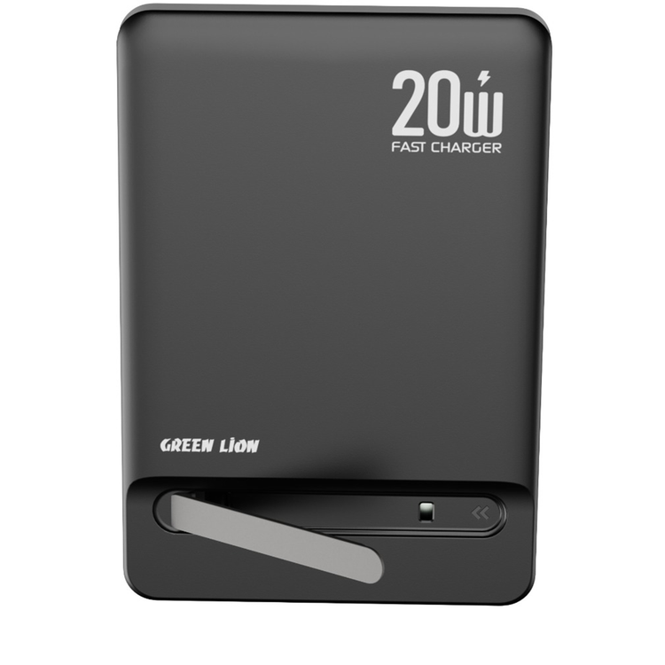 Green Lion Bond Power Bank 5000mAh with Safety Protections, Durable Braided Cable, Strong Magnets , Detachable Type-C Cable, Built In Stand, MagSafe Compatibility, Ultra-Slim Design - Black