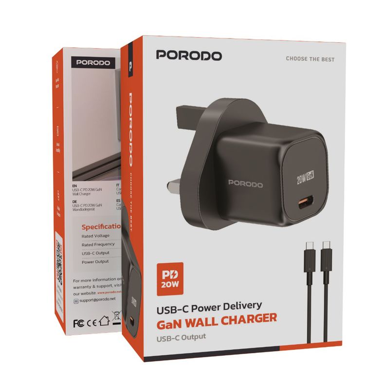 Porodo PD 20W UK Fast Charger with USB-C to USB-C Cable, 20W Power Output, Over-Heat Protection, Reliable Companion  - Black