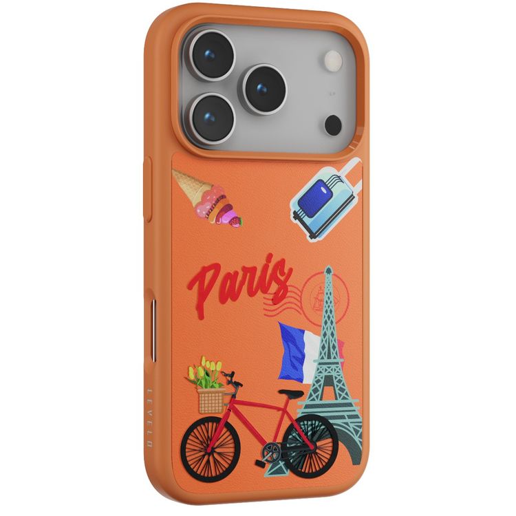Levelo Vallo PU Leather Case for iPhone 17 Pro with Embroidery Paris Finish, Comfortable Hold, Durable PU Leather, Raised Bezels for Camera and Screen, True Microfiber Interior Lining, Scratch & Wear Resistant, Shock-Resistant Bumper - Sunrise Orange