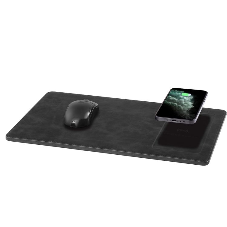 Powerology PU Leather Qi Wireless Charging Mouse Pad 10W, Case-Friendly, Fast Wireless Charging Mouse Mat Compatible for 12/12 Pro/12 Pro Max/11/11 Pro/11 Pro Max, Samsung Galaxy S10/S9/S8/Note 10 - Charcoal