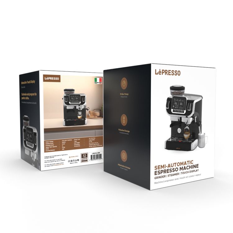 Lepresso Espresso Coffee Maker with Bean Grinder and LCD Display, Adjustable Grinder, Patented Design, Single Boiler Type - Black