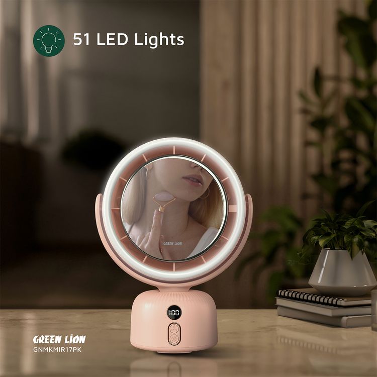 مرآة مكياج بجهاز تهوية من جرين لايون، بخمس مستويات لسرعة المروحة و3 أوضاع ضوء، تصل إلى 11 ساعة من العمل، منفذ شحن USB-C، دوران قابل للتعديل، شاشة رقمية، قاعدة مقاومة للانزلاق، 51 ضوء LED، بطارية 5400 مللي أمبير - وردي
