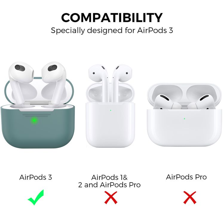 AhaStyle PT176-MG Full Cover Silicone Case for Airpods 3 Drop Shock Protection, Front LED Visible Cover with Carabiner Suitable with Wireless Chargers - Green