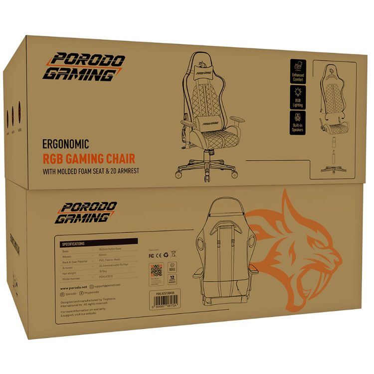 Porodo Gaming Ergonomic RGB Gaming Chair with Molded Foam Seat & 2D Armrest, 350mm Nylon Base, 60mm Wheels, Ergonomic Comfort Design, Adjustable Armrest, Built-in Speakers - Black / Orange