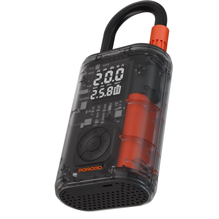 Porodo Vyrox Car Tire Inflator with 19L/min Airflow Rate, USB-C Charging Port, Heat Dissipation Vent, 150PSI Max Inflation Pressure, 2× 2000mAh Battery Capacity, 28 Minutes Working Time, -5°C to 60°C Working Temperature, USB-C Charging Port, 2.5 Hours Charging Time - Black