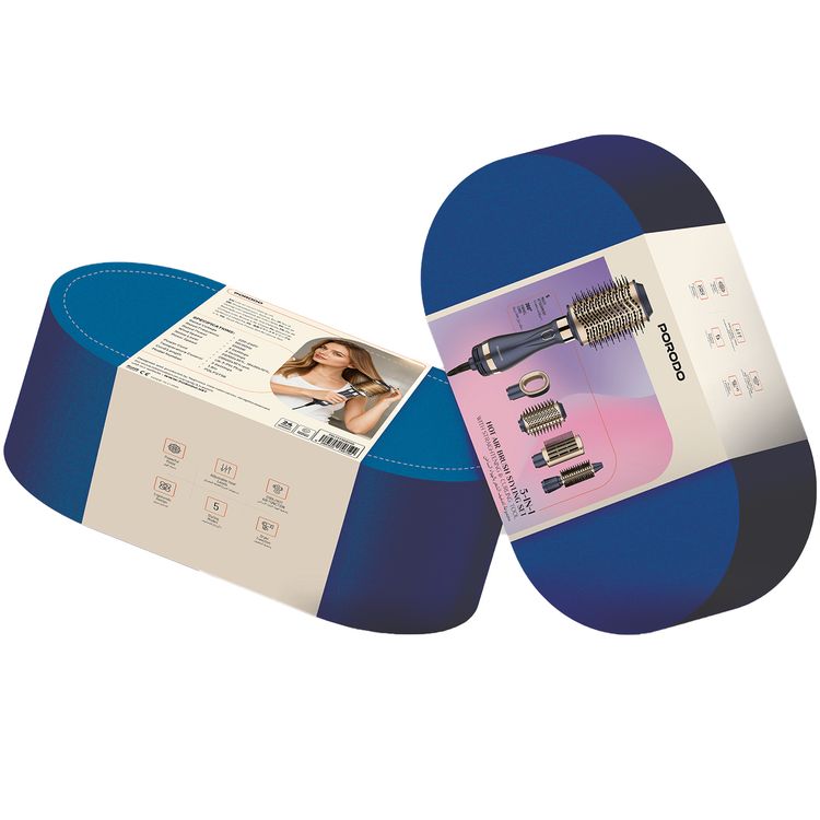 Porodo 5-in-1 Hot Air Brush Styling Set with Straightening & Curling Tools, 1000W Rated Power, 360° Swivel Cord, Adjustable Temperature Control, 3 Noise Levels, Powerful Motor - Blue / Gold