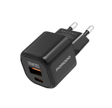 Porodo Dual-Port Wall Charger with 20W Power Delivery, EU Plug, QC 18W, Simultaneous Charging, Overheat Protection, USB-C & USB-A Outputs - Black