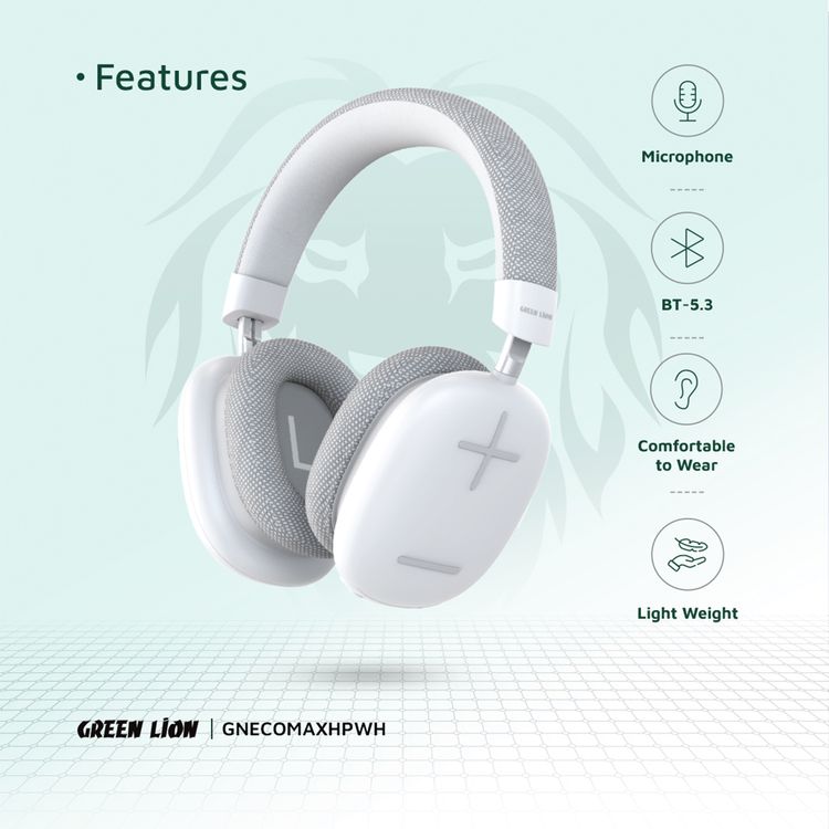 Green Lion Echo Max Wireless Headphones, Comfortable To Wear, Built-in Microphone, Lightweight, 40mm Magnet Size, 10m Maximum Range, 48 Hours Play Time - White