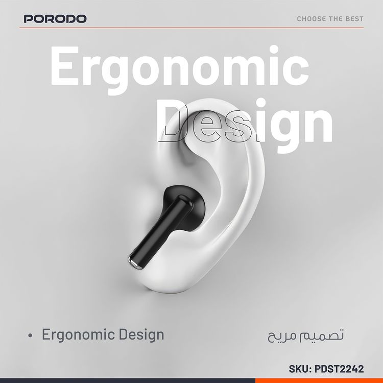 Porodo True Flex Earbuds Pro with Music & Gaming Mode, 5 Hours Play Time, 230mAh Case & 25mAh Earbuds Battery, Ultra Low Latency, USB-C Charging Port, Voice Assistant - Black