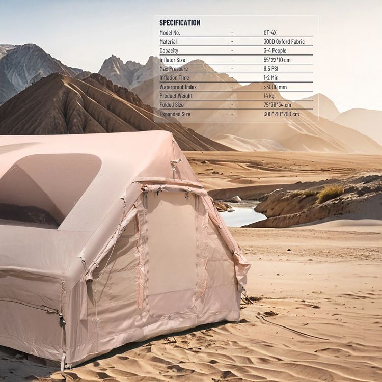 Green Lion GT-4X Inflatable Camping Tent, Breathable Anti-Mosquito Design, 3-4 Persons Capacity, Storage Pockets, Ventilated Windows- Beige