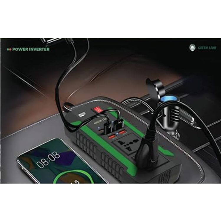 محول طاقة Green Lion Spark 300، 2 مقبس تيار متردد، 3 منافذ PD من النوع C، 4 منافذ USB-A، طاقة قصوى 300 وات، حماية من الجهد العالي - أسود