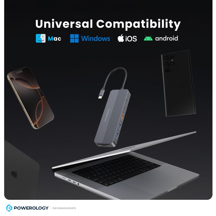 باورولوجي محور USB-C متعدد المنافذ 12 في 1 مع وضع عرض متعدد، توافق عالمي، شحن مرور، توصيل وتشغيل، مخرج فيديو مزدوج، تصميم مدمج من الألومنيوم.