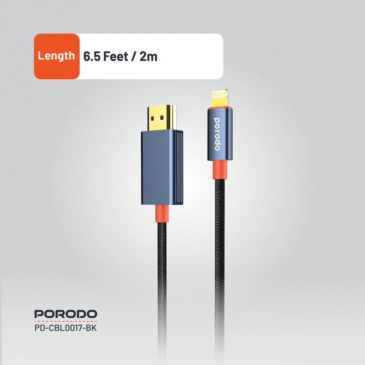 كابل بورودو المصنوع من سبائك الألومنيوم من لايتنينج إلى HDMI، بطول 2 متر، ودقة 1080 بكسل عالية الدقة، وتوصيل وتشغيل، وخالي من التشابك - أسود