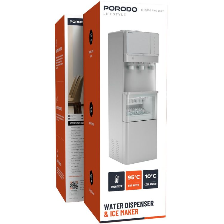 Porodo Lifestyle Water Dispenser & Ice Maker with 5°C - 10°C Cold Water Temperature, Child Safety Lock, Energy Efficient, Top Load Design, 9 Pieces of Ice per Cycle - Silver