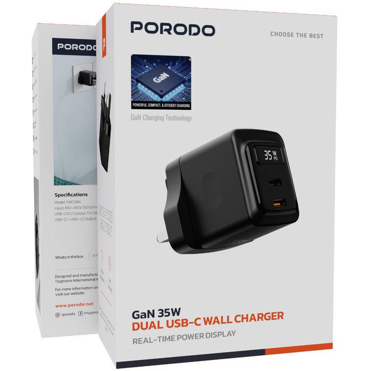 Porodo GaN Wall Charger with Dual USB-C Ports, 35W Power Delivery, Built-in Safeguards, Fast Charge Support, Multiple Device Charging, Digital Display - Black