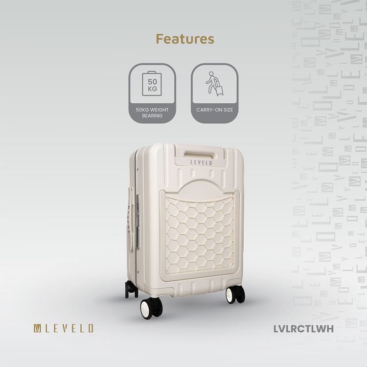 Levelo RoamCruiser 20" Travel Luggage with Detachable Kid Holder, Impact Resistance, PC & Aluminum Material, 50kg Weight Capacity, Silent Wheels, Hypoallergenic Interior, 2 Fusion Telescopic Handles, Integrated Wheel Locks, Built-in Document Holder - White