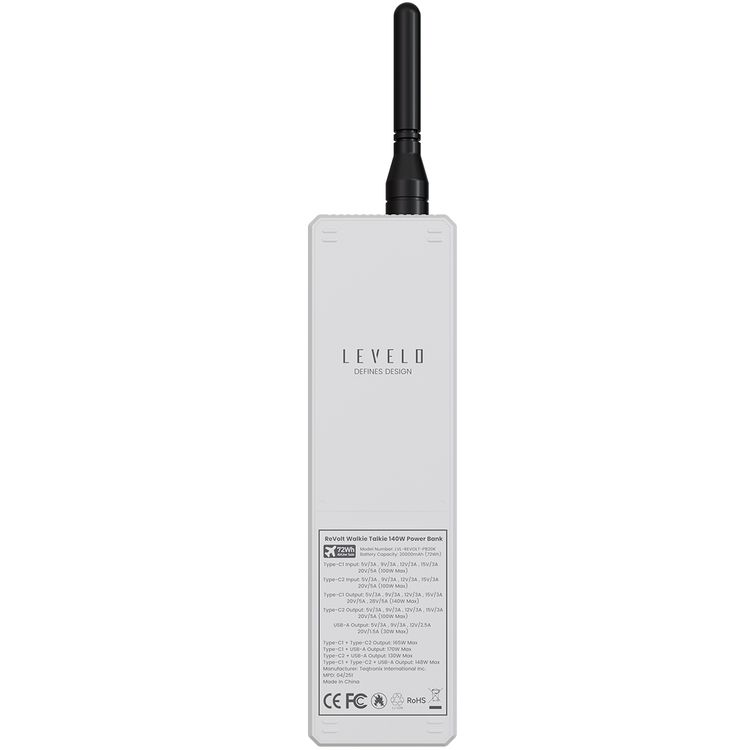 Levelo Revolt 20000mAh Walkie Talkie Power Bank with 1.5km Communication Distance, Laptop Charger, LED Detachable Antenna, PD 100W Total Output, Safety Protection, Type-C In/Out, LED Display, Voice Recorder - White