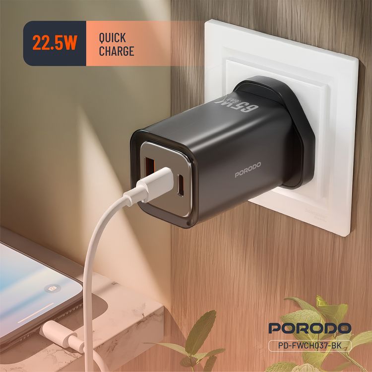 Porodo Triple Output Quick Wall Charger with 65W Power Delivery, Built-in Safeguards, Simultaneous Charging, 22.5W USB-A Output, Laptop Charging Compatibility - Black