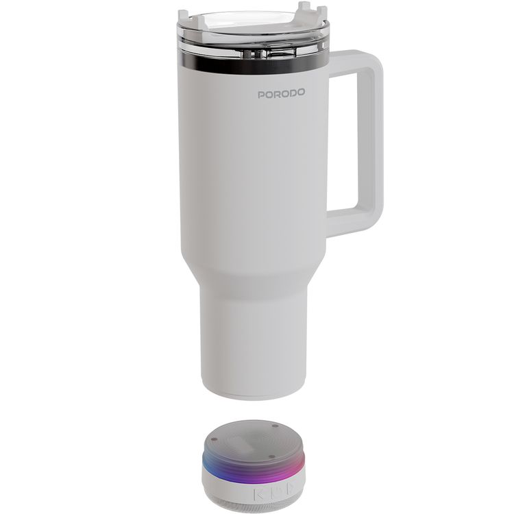 Porodo HydroTunes Tumbler with Detachable Bluetooth Speaker Base, Bluetooth Version 5.3, 300mAh Battery, 1.2L Capacity, USB-C Charging Port, Dual-Function Design, Leakproof Silicone Lid, 3W Speaker Output Power - White