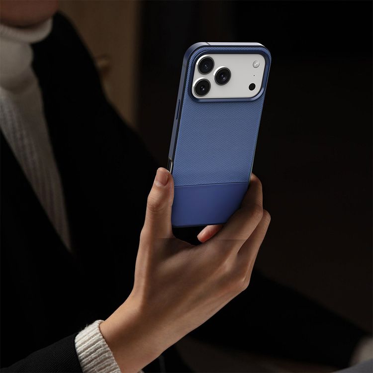 Levelo Cuir Leather Hybrid Case with Comfortable Grip for iPhone 17 Pro, Strong Magnets & MagSafe Compatible, Shock-Resistant Bumper, Aluminum Alloy Frame for Camera & Buttons, Drop-Tested - Midnight Blue
