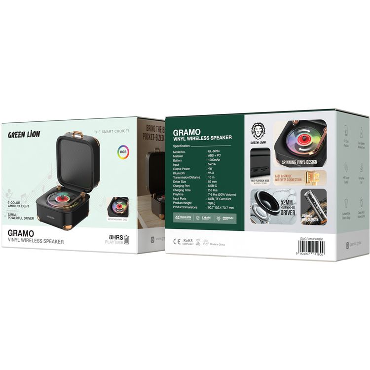 Green Lion Gramo Vinyl Wireless Speaker with 7-Color Ambient Light, Rotating Vinyl Disc, TF Card Playback, Dual-Speaker Wireless Sync, Hands-Free Call, HiFi Sound Quality, Suitcase-Style Foldable Design, Classic Knob Volume Control, Fast & Stable Wireless Connection, Multi-Playback Mode - Black