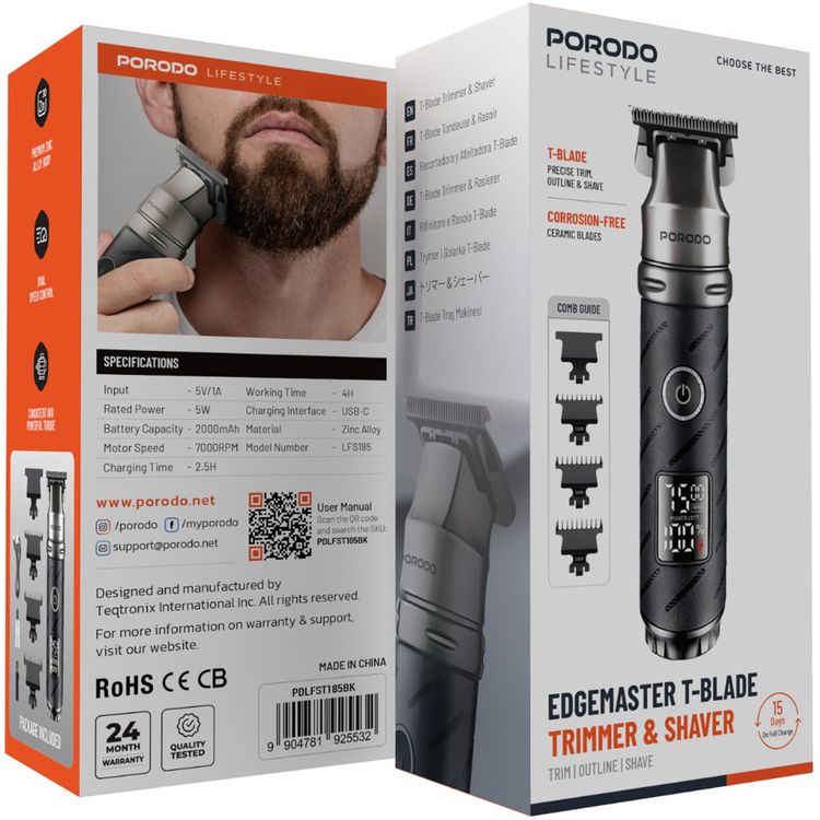 Porodo Lifestyle Edgemaster T-Blade Trimmer & Shaver with Display & 4 Comb Heads, 5W Rated Power, 2000mAh Battery Capacity, 7000RPM Motor Speed, 4 Hours Working Time, USB-C Charging Port, Zinc Alloy Material, Corrosion-Free Ceramic Blades, Dual Speed Control, Consistent & Powerful Torque - Black