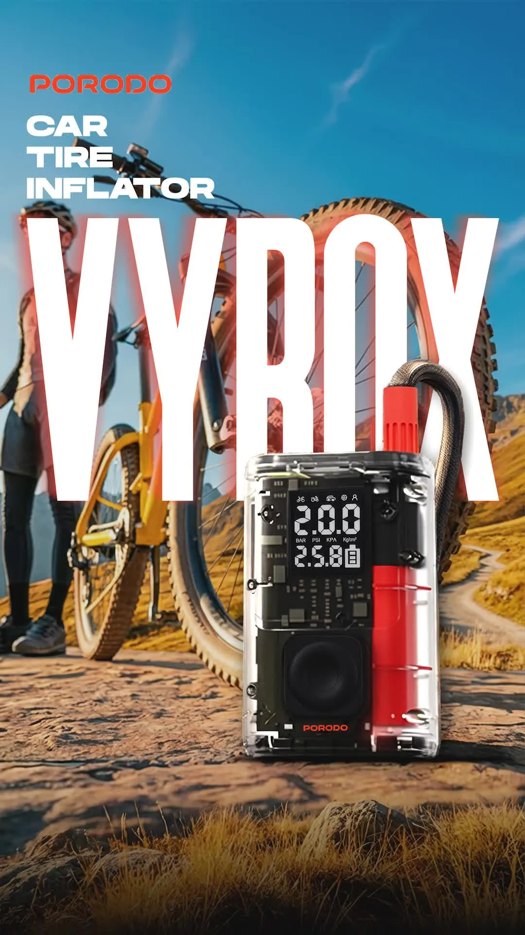 Porodo Vyrox Car Tire Inflator with 19L/min Airflow Rate, USB-C Charging Port, Heat Dissipation Vent, 150PSI Max Inflation Pressure, 2× 2000mAh Battery Capacity, 28 Minutes Working Time, -5°C to 60°C Working Temperature, USB-C Charging Port, 2.5 Hours Charging Time - Black