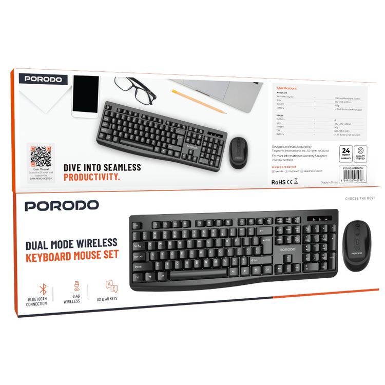 Porodo Dual Mode Wireless Keyboard & Mouse Set with Bluetooth Connection, Wireless 2.4GHz Connectivity, 104 Keys, 4 Mouse Buttons, Arabic & English Layout - Black