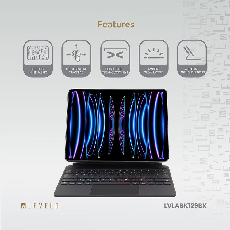 Levelo AeroBoard Saffanio Leather Wireless Keyboard for iPad Pro 12.9" & iPad Air 13" M3 (2025) with Multi-Gesture Trackpad, 300 Hours Standby Time, Up to 130° Adjustable Angle - Black