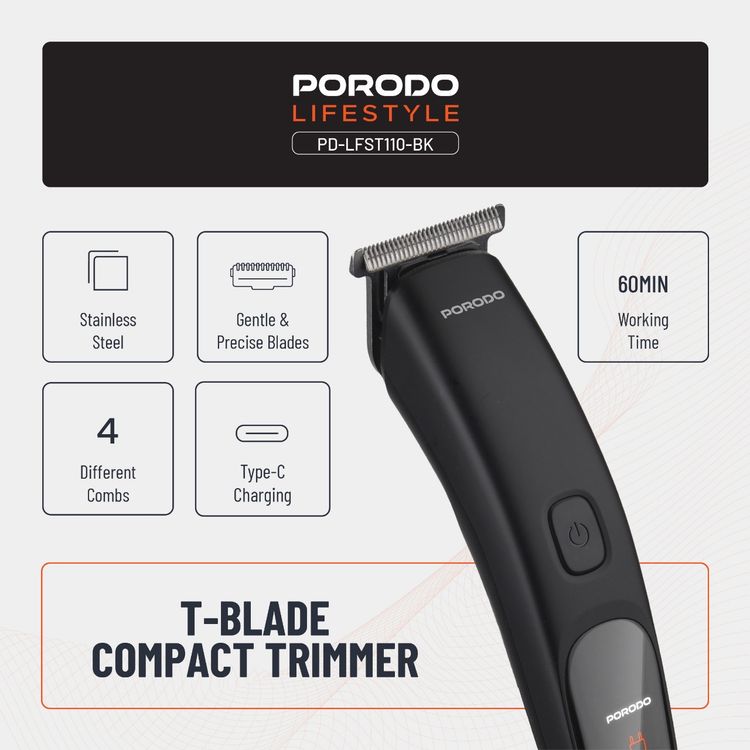 Porodo T-Blade Compact Trimmer with Stainless Steel Blade, 600mAh Battery, 1 Hour Working Time, Type-C Charging, 2 Hours Charging Time - Black