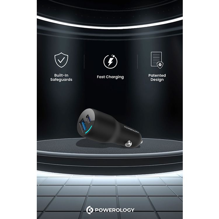 شاحن سيارة بمنفذ مزدوج من باورولوجي مع توصيل طاقة 35 وات، شحن سريع، مخرجات USB-C وUSB-A، أدوات حماية مدمجة، تصميم حاصل على براءة اختراع، طاقة إجمالية 53 وات - أسود