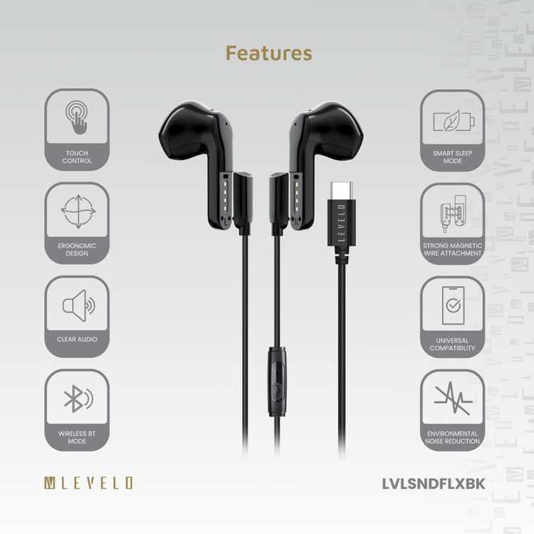Levelo 2-in-1 TWS & Wired Earphones with Environment Noise Reduction, Up to 4 Hours Play Time with Bluetooth Mode, 12mm Speaker Unit, Smart Sleep Mode, Ergonomic Design, Touch Control, Clear Audio - Black
