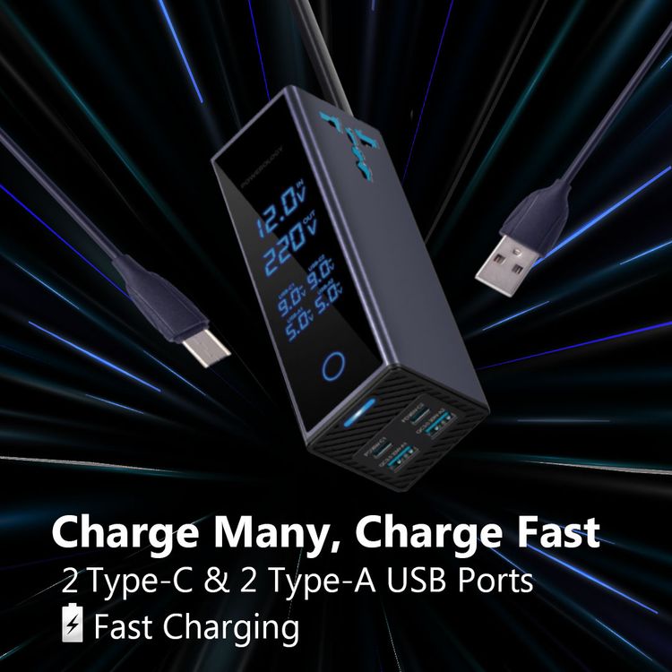 باورولوجي محول طاقة للسيارة بقوة 300 واط مع شاشة لمراقبة الجهد الكهربائي، مخرجين تيار متردد، منفذين USB-A ومنفذين USB-C، توصيل طاقة 36 واط، قدرة على الشحن المتزامن، مقبس DC بطول 54 سم، وسائل حماية مدمجة - رمادي