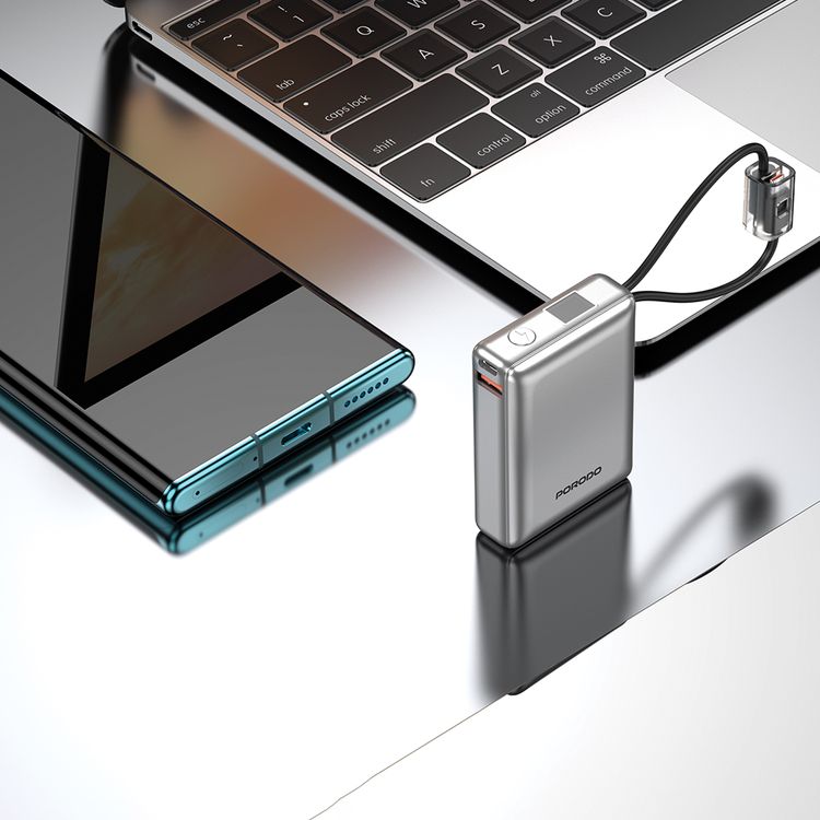 Porodo Petite 10000mAh Power Bank with Integrated Type-C & Lightning Cable, PD 20W, USB-A & USB-C Ports, Fast Charge Support, Digital Display, Universal Compatibility - Silver