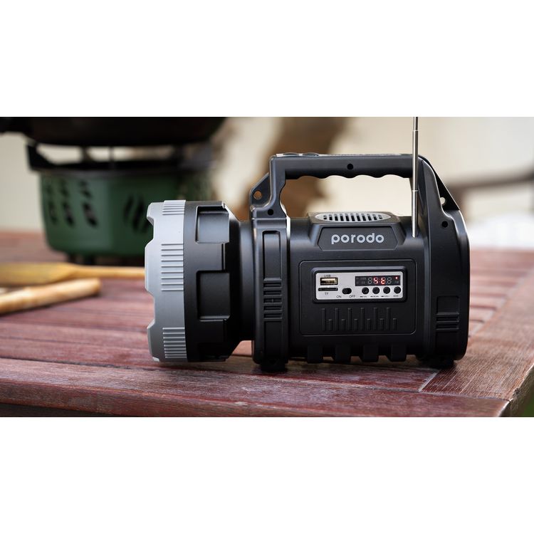 Porodo LifeStyle Outdoor 3-in-1 Adventure Flashlight and Speaker with FM Radio and Bluetooth Speaker, 10W LED, 5W COB, 1000+300 Lumens Brightness,  8000mAh Li-Ion Battery - Black