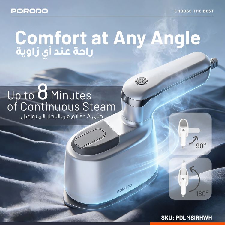 Porodo Lifestyle Mini Steam Iron 1000W UK with Rotatable Handle, Compact & Portable, Strong Steam, 120mL Water Tank Capacity, Ceramic Soleplate, 1.7m Cable Length - White