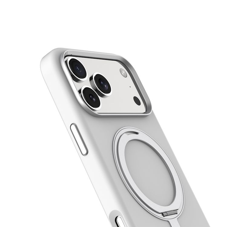 Levelo Iris Pro MagSafe Liquid Silicone Case with Built-in 360° Kickstand for iPhone 17 Pro Max, Metal Accents, Shock-Resistant Bumper, Aluminum Alloy Frame for Camera & Buttons, Drop-Tested, Strong Magnets, Premium Silicone Grip - Silver