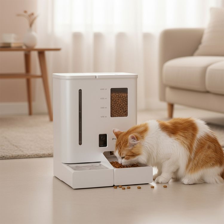 Porodo PetMate Automatic Pet Feeder & Water Dispenser with Wi-Fi & App Control, 5L Food Tank Capacity, 4L Water Tank Capacity, Compatible with 3-10mm Dry Kibble, HD Real-Time Camera Monitoring, Smart Feeding Control, Easy-to-Clean Design - White