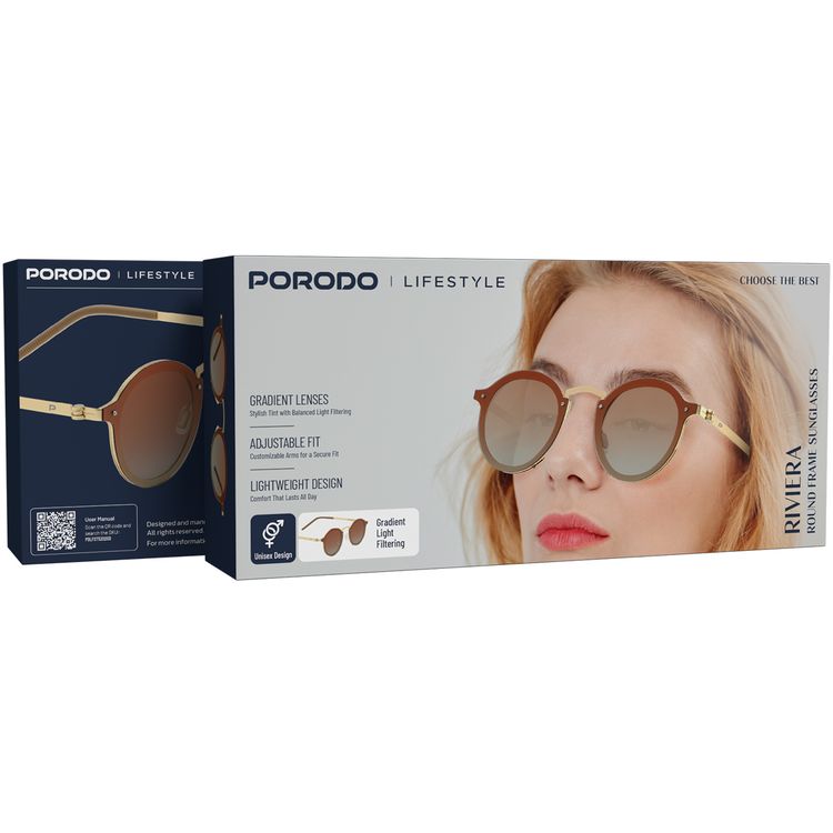 Porodo Lifestyle Riviera Round Frame Sunglasses with UV400 Protection, Flexible Stainless Steel Material, Lightweight Design, Gradient Light Filtering, Scratch-Resistant Lenses, Adjustable Fit, Unisex Design - Gold