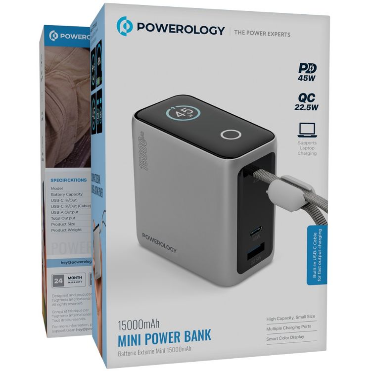 Powerology 15000mAh Mini Power Bank with Multiple Charging Ports, Universal Compatibility, Advanced Safety Features, Smart TFT Display, Built-in USB-C Cable - Gray