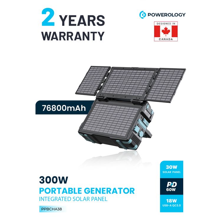 Powerology 76800mAh 300W Portable Power Generator Integrated Solar Panel, 18W QC 3.0, PD 60W, Car Charger Output 10A, 60W Type-C Input - Black