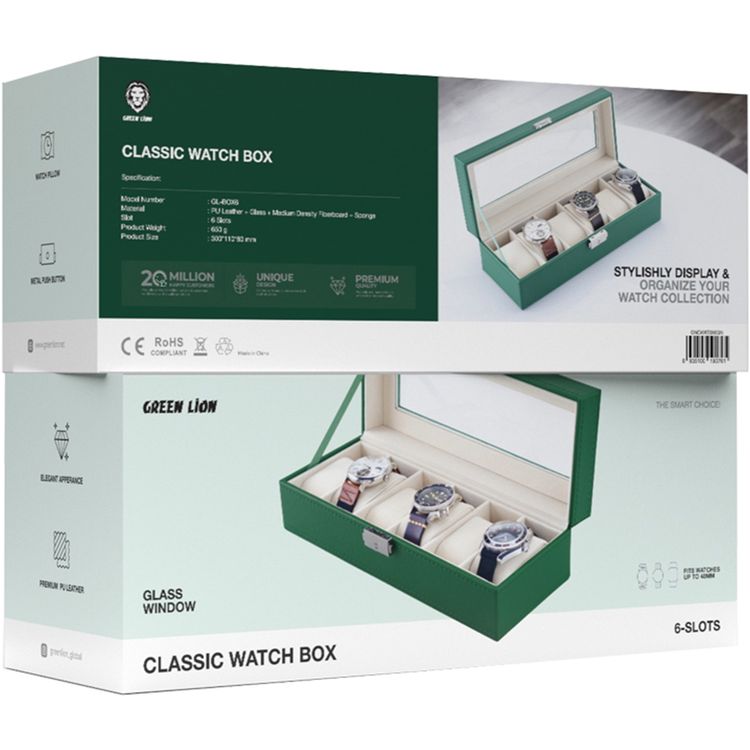 Green Lion Classic Watch Box 6 Slots with Glass, Lightweight & Portable, Elegant Appearance, Metal Push Button, 6 Pillow-lined Spaces - Green