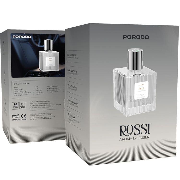 Porodo Rossi Aroma Diffuser with 500mL Tank Capacity, 5 Spray Modes, Fragrance Intensity Levels, Strong Fragrance Mode, USB-C Charging Interface, -10°C to -60°C Operating Temperature, 1.5 W Rated Power, Continuous Mode, Light Fragrance Mode - White 